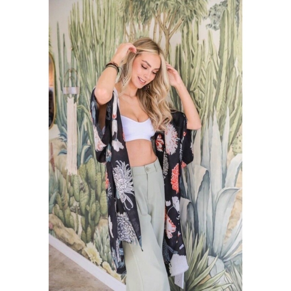 Black Floral Flower Print Motif Kimono Wrap Coverup Open Top Casual